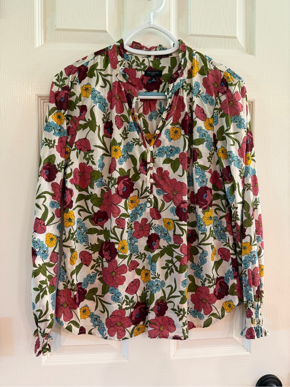 Talbots Cream Floral Henley Blouse with Pink, Yellow & Blue Flowers